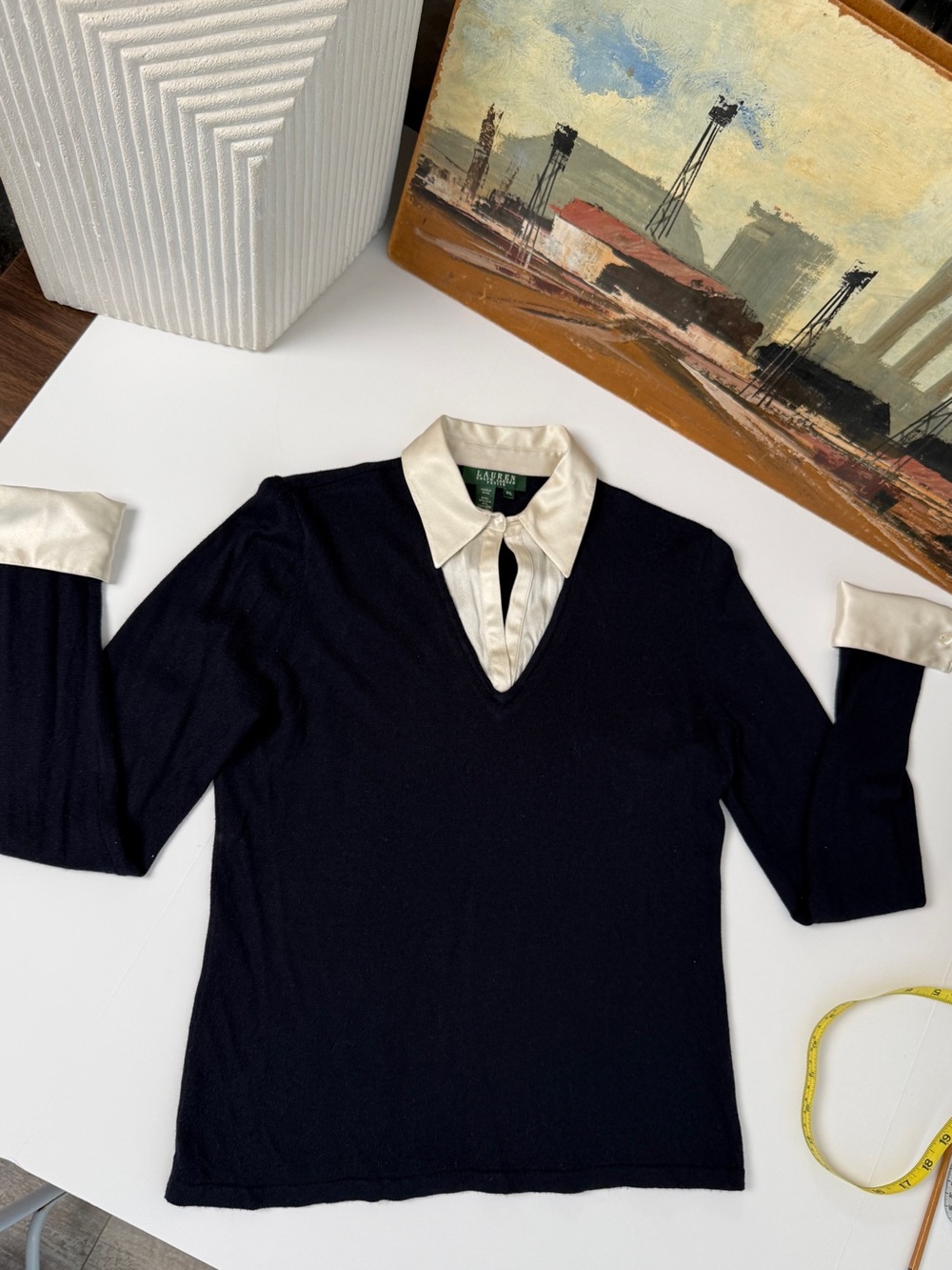 Lauren Ralph Lauren | Petite Silk & Cashmere Knit Blouse | Dark Navy & Cream P/L